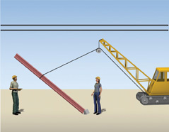 A construction crew lifts a beam, such that one end remains on the ground.