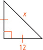 A right triangle has congruent legs, one measuring x, and hypotenuse measuring x.