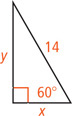 A right triangle has hypotenuse measuring 14, a leg measuring x, and a leg measuring y opposite a 60 degree angle.