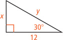 A right triangle has hypotenuse measuring y, a leg measuring 12, and a leg measuring x opposite a 30 degree angle.