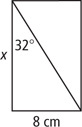 A rectangle with length x and width 8 centimeters has diagonal creating two right triangles, one with a 32 degree angle adjacent the leg measuring x.