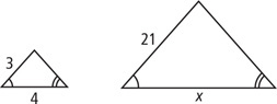 Between two triangles, the bottom left angles and bottom right angles are congruent. One has leg side measuring 3 and bottom side measuring 4. The other has left side measuring 21 and bottom side measuring x.