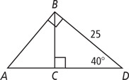 Right triangle ABD, with leg BD measuring 25 and angle D 40 degrees, has an altitude line from B to C on side AD.