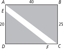 Dark rectangle ABCD has a light band between diagonal AC and a line from E on side AD to F on side DC. Side AB measures 40, side BC measures 25, and segment DE measures 20.