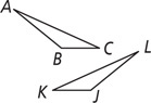 A triangle has short side BC and long side AC. A second triangle has short side JK and long side LK.