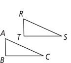 A triangle has short side AB and long side AC. A second triangle has short side RT and long side RS.