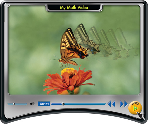 A My Math Video displays various positions of a butterfly as it lands on a flower.