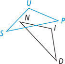 Triangle NID has short side NI on top and long side ND on the right. Triangle SUP, overlapping vertex N of triangle NID, has short side UP on the right and long side SP on bottom.