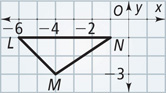 Triangle LMN has vertices L(negative 6, negative 1), M(negative 4, negative 3), and N(negative 1, negative 1).