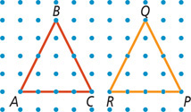 Triangle AB has A at the bottom left, B at the top, and C at the bottom right. Triangle PQR, of the same size, has P at the bottom right, Q at the top, and R at the bottom left.