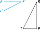 Black triangle PRT has horizontal side PT on the bottom and vertical side PR on the right. Blue triangle P’R’T’, up to the left of PRT, has vertical side PT on the left and horizontal side PR on top.