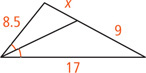 A triangle has two sides measuring 8.5 and 17 with an angle bisector of the angle between them dividing the third side into a segment measuring x, adjacent the side measuring 8.5, and a segment measuring 9.