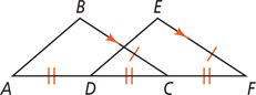 Triangles ABC and DEF have sides AC and DF overlapping, with segments AD, DC, and CF congruent, and sides BC and EF congruent and parallel.