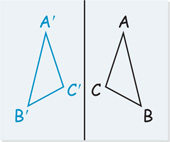 A vertical fold line separates triangle ABC on the right, with A on top, B at bottom right, and C at bottom left, and triangle A’B’C’, with A’ on top, B’ at bottom left, and C’ at bottom right.