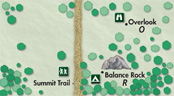 Summit Trail is vertical, left of Overlook at O and Balance Rock at R, with O up to the right of R.