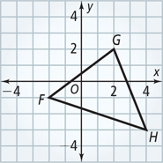 A graph of triangle FGH has vertices F(negative 2, negative 1), G(2, 2), and H(4, negative 3).