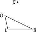 Triangle LOB, with side LB on bottom and side LO on the left, is below point C.