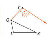 Triangle LOB has a line from vertex O to point C, from which an arrow rotates 100 degrees counterclockwise with an arrow extending down to the right from C.