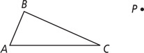 Triangle ABC, with side AB on the left and side AC on bottom, has vertex B left of point P.