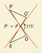Triangle PQR, with side PR on the left and side RQ on bottom, is rotated about P, or P’, at the top, 115 degrees counterclockwise, to get triangle P’Q’R’ with side P’R’ on the left and side R’Q’ on top.