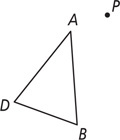 Triangle ABD has side AB on the right and side BD on bottom, with point P up to the right of A.