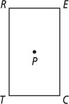 Rectangle RECT, with side RE on top and side EC on the right, has point P in the center.