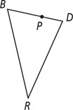 Triangle BDR, with side BD on top and side DR on the right, has point P on side BD.