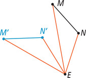 Triangle MNE has vertex E at the bottom and black side MN falling down to the right at the top. Triangle M’N’E shares vertex E of the MNE, with blue side M’N’ horizontal, left of triangle MNE.