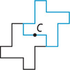 A black figure is shaped as a backwards L attached to the left side of an upside-down L with point C on its top side. A blue figure is the same shape, with point C on the bottom side of the backwards L.