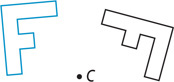 A black figure, up to the right of point C, is shaped like an F, with top side pointing down on the right. The same blue figure, to the left of point C, has top side pointing to the right on top.