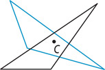 A black triangle, with point C inside, has short side horizontal on bottom with obtuse angle at the bottom right. A blue triangle, with point C inside, has short side on the left, left of vertical, and obtuse angle at the bottom left.