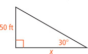 A right triangle has a leg measuring x and a leg measuring 50 feet opposite a 30 degree angle.