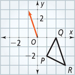 A graph of triangle PQR has vertices P(1, negative 2), Q(2, 0), and R(3, negative 3), with vector from the origin to (negative 1, 3).