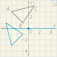 A tracing of triangle ABC is rotated about the origin to get a triangle with vertices at (negative 3, negative 3), (negative 1, negative 1), and (negative 4, 1).