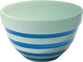 A bowl has three blue rings around it.