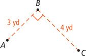 Segment AB, measuring 3 yards, and segment BC, measuring 4 yards, meet at a right angle at B.