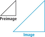 A preimage is a right triangle with legs to the right and bottom, and an image is a right triangle up to the left of first with legs on the right and bottom, half the length of the first legs.