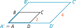 Quadrilateral ABCD, with side CD measuring 2, is enlarged with center A = A’, to get quadrilateral A’B’C’D’ with side C’D’ measuring 4.