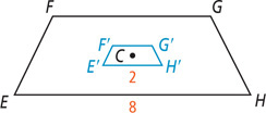 Quadrilateral EFGH, with side EH measuring 8, is reduced with center C to get E’F’G’H’ centered at C with side E’H’ measuring 2.