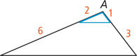 A blue triangle has top vertex A with adjacent sides measuring 1 and 2. A black triangle shares top vertex A with sides extending 3 and 6 units longer from the sides measuring 1 and 2 of the blue triangle, respectively.