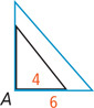 A black right triangle with bottom leg shares right angle A with a blue triangle with bottom leg measuring 6.
