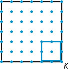 A black square with sides six units long shares bottom right vertex K with a blue square of sides two units long.
