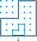 A black backwards L-shaped figure has left side measuring three units, right side six units, and bottom side measuring six units with center L.. A blue backwards L-shaped figure has left side one unit, right side two units, and bottom side two units centered at L.
