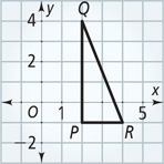 A graph of triangle PQR has vertices P(2, negative 1), Q(2, 4), and R(4, negative 1).