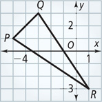 A graph of triangle PQR has vertices P(negative 5, 1), Q(negative 3, 3), and R(1, negative 3).
