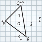 A graph of triangle PQR has vertices P(negative 3, 0), Q(0, 3), and R(1, negative 3).