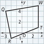 A graph of quadrilateral QRTW has vertices Q(negative 3, 4), R(negative 2, negative 1), T(3, 1), and W(3, 5).