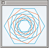 A geometry software screen displays a hexagon in the center, with repeated dilations surrounding it, the vertices of one on sides of the next.