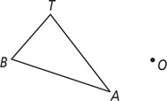 Triangle TBA has vertex B on the right and side TA extending down to the right on the right. Point O is to the right of the triangle, aligned horizontally with vertex B.