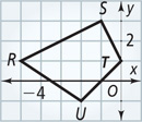 A graph of quadrilateral RSTU has vertices R(negative 5, 1), S(negative 1, 3), T(0, 1), and U(negative 1, negative 1).